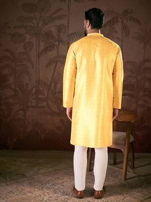 Men yellow silk blend ethnic motifs printed straight kurta with trouser 4