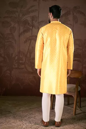 Men yellow silk blend ethnic motifs printed straight kurta with trouser