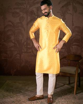 Men yellow silk blend ethnic motifs printed straight kurta with trouser 5