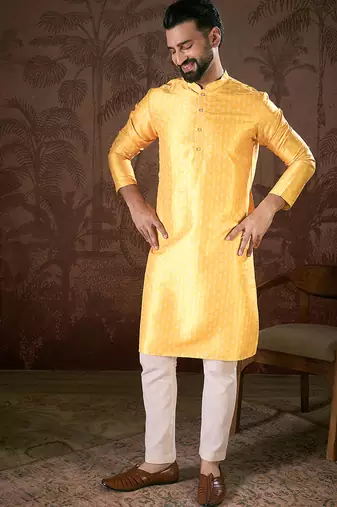 Men yellow silk blend ethnic motifs printed straight kurta with trouser