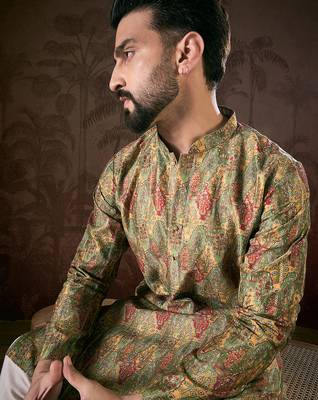Men green silk blend floral printed straight kurta with trouser 1