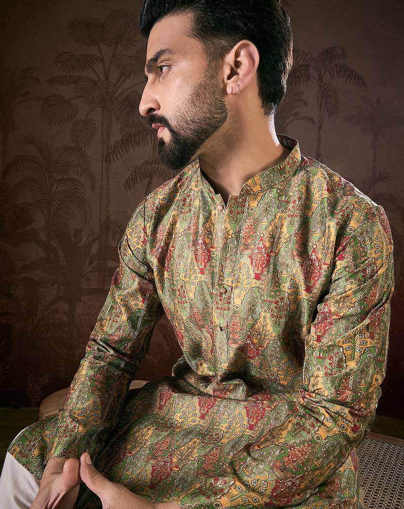 Men green silk blend floral printed straight kurta with trouser