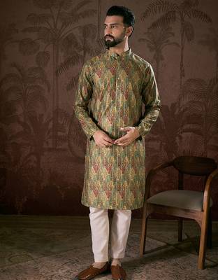 Men green silk blend floral printed straight kurta with trouser 2