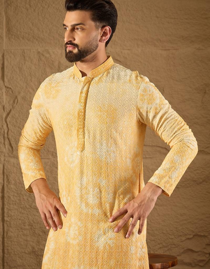 Men yellow viscose rayon shibori embroidered straight kurta