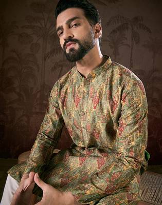 Men green silk blend floral printed straight kurta with trouser 3