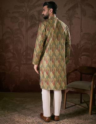 Men green silk blend floral printed straight kurta with trouser 4