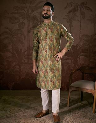 Men green silk blend floral printed straight kurta with trouser 5