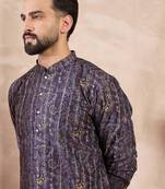 Men violet silk blend ethnic motifs printed straight kurta with trouser
