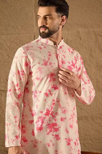 Men peach viscose rayon shibori embroidered straight kurta