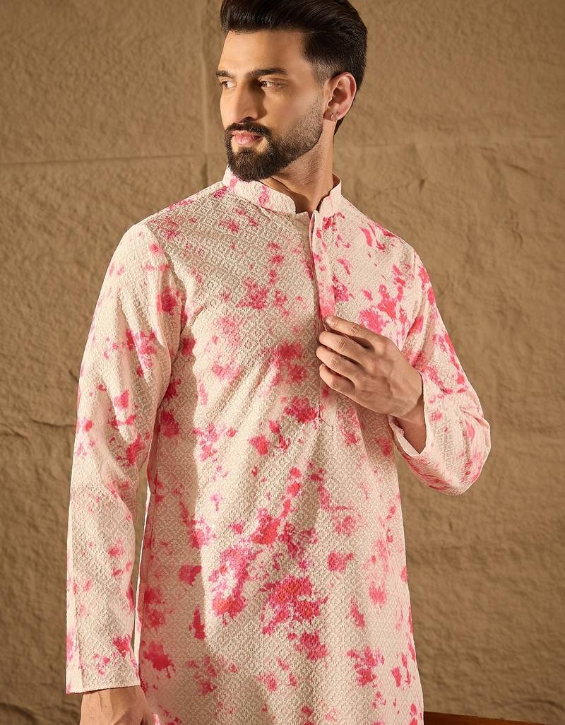 Men peach viscose rayon shibori embroidered straight kurta