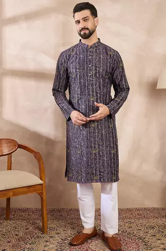 Men violet silk blend ethnic motifs printed straight kurta with trouser