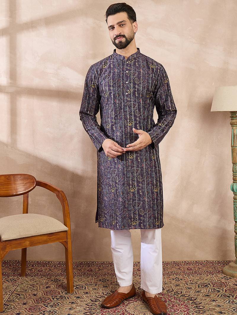 Men violet silk blend ethnic motifs printed straight kurta with trouser