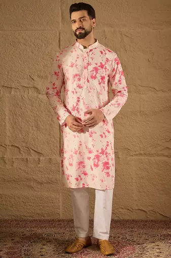 Men peach viscose rayon shibori embroidered straight kurta