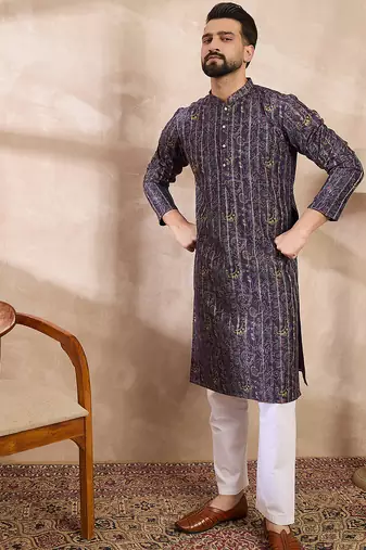 Men violet silk blend ethnic motifs printed straight kurta with trouser