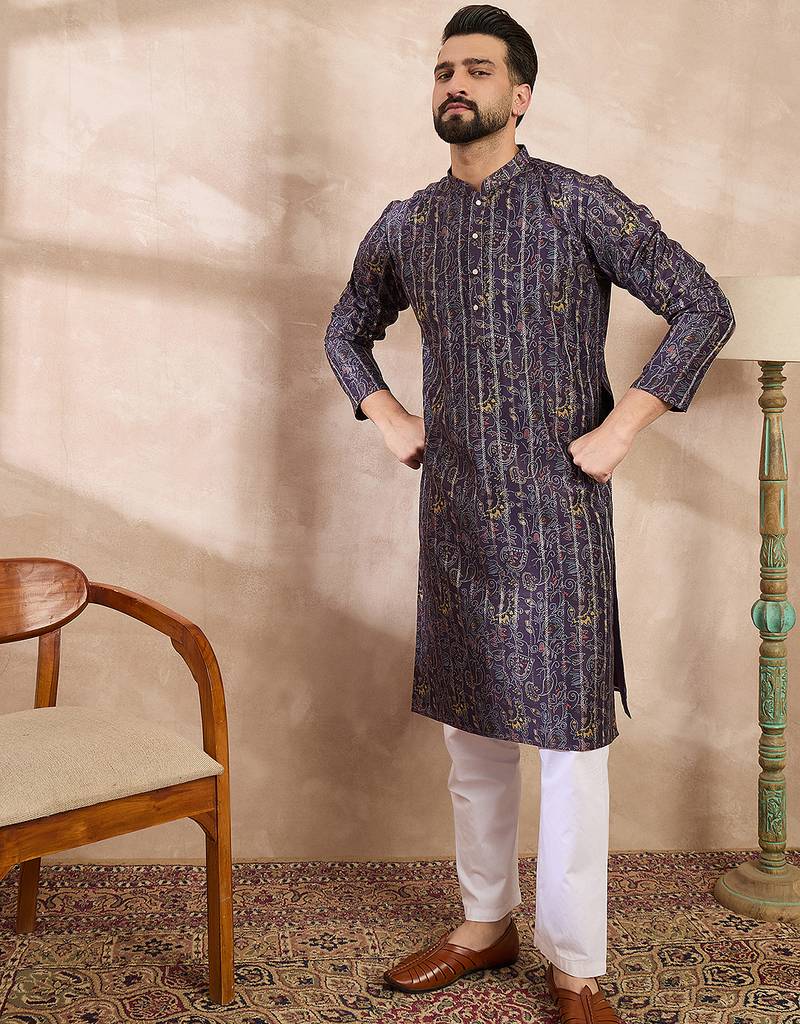 Men violet silk blend ethnic motifs printed straight kurta with trouser