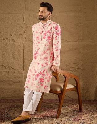 Men peach viscose rayon shibori embroidered straight kurta 3
