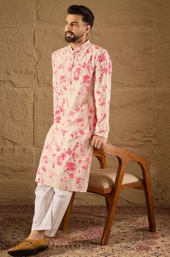 Men peach viscose rayon shibori embroidered straight kurta