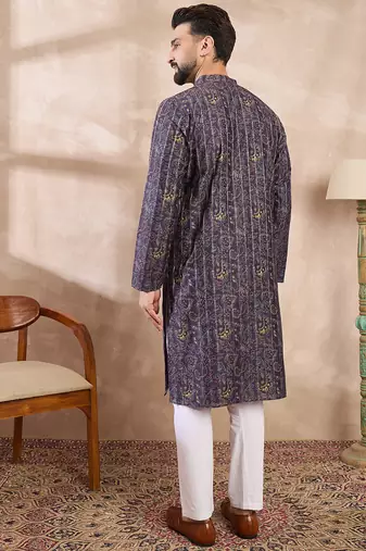 Men violet silk blend ethnic motifs printed straight kurta with trouser