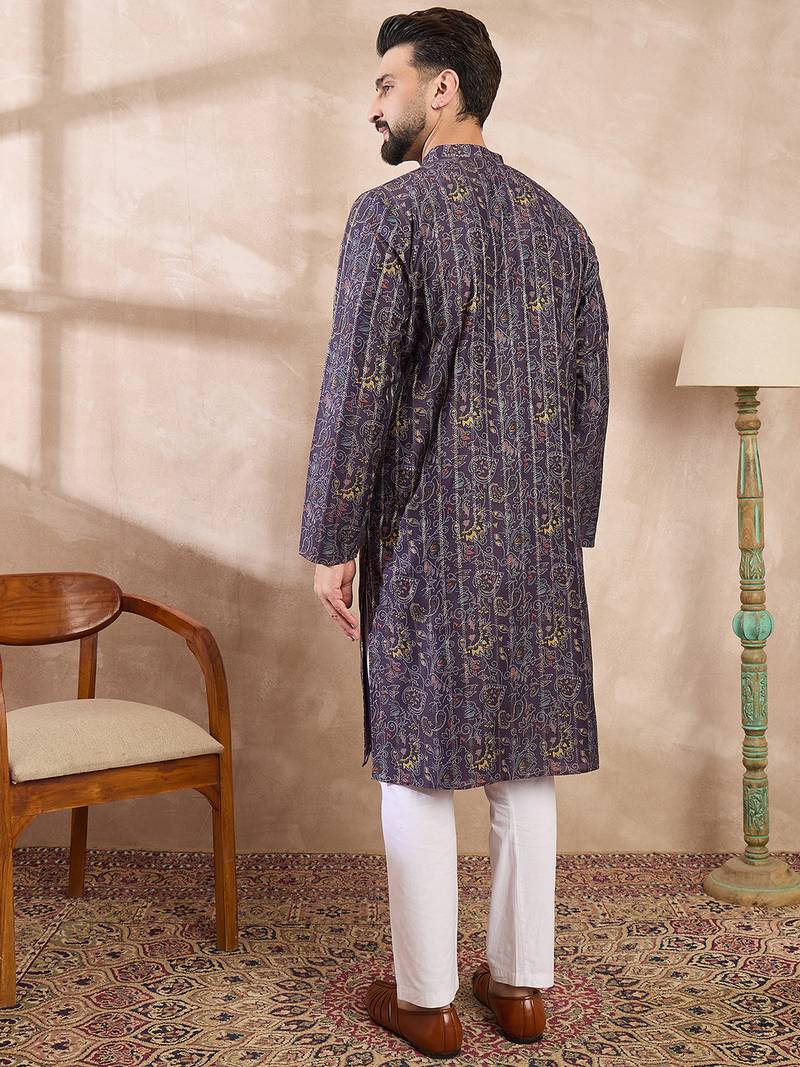 Men violet silk blend ethnic motifs printed straight kurta with trouser