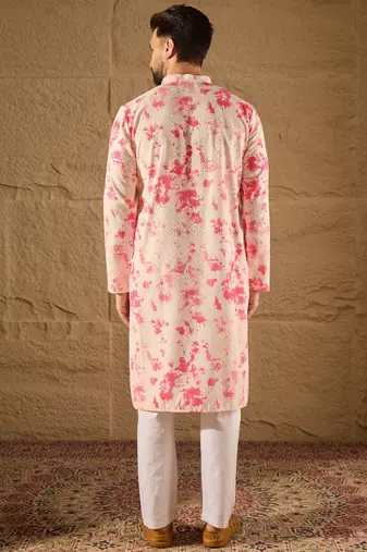 Men peach viscose rayon shibori embroidered straight kurta