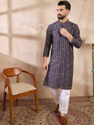 Men violet silk blend ethnic motifs printed straight kurta with trouser 5