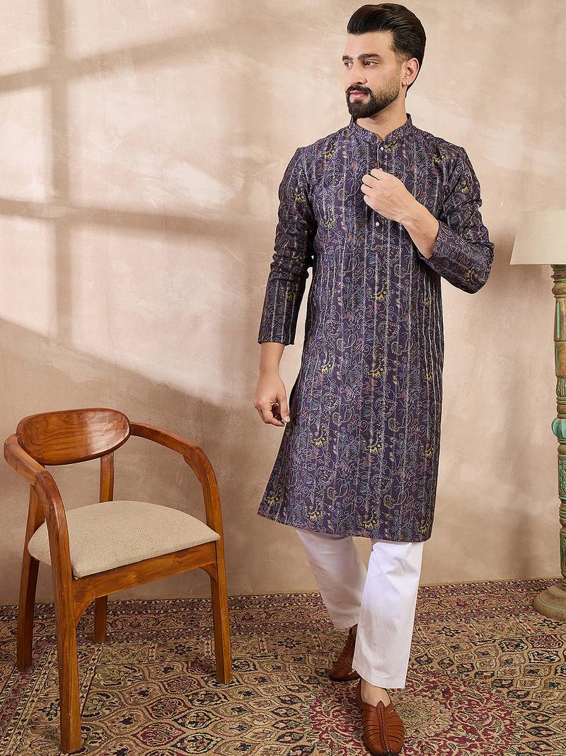 Men violet silk blend ethnic motifs printed straight kurta with trouser