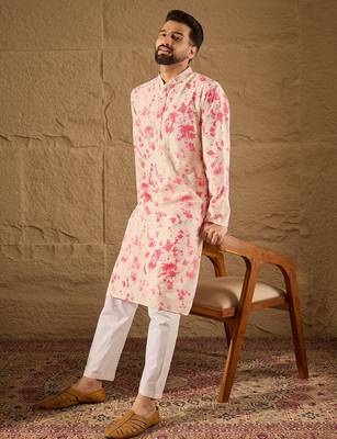 Men peach viscose rayon shibori embroidered straight kurta 5
