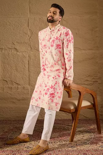 Men peach viscose rayon shibori embroidered straight kurta