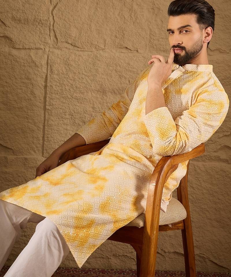 Men yellow viscose rayon shibori embroidered straight kurta