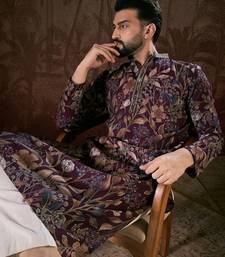 Men purple silk blend floral printed straight kurta with trouser