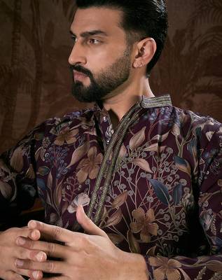 Men purple silk blend floral printed straight kurta with trouser 1