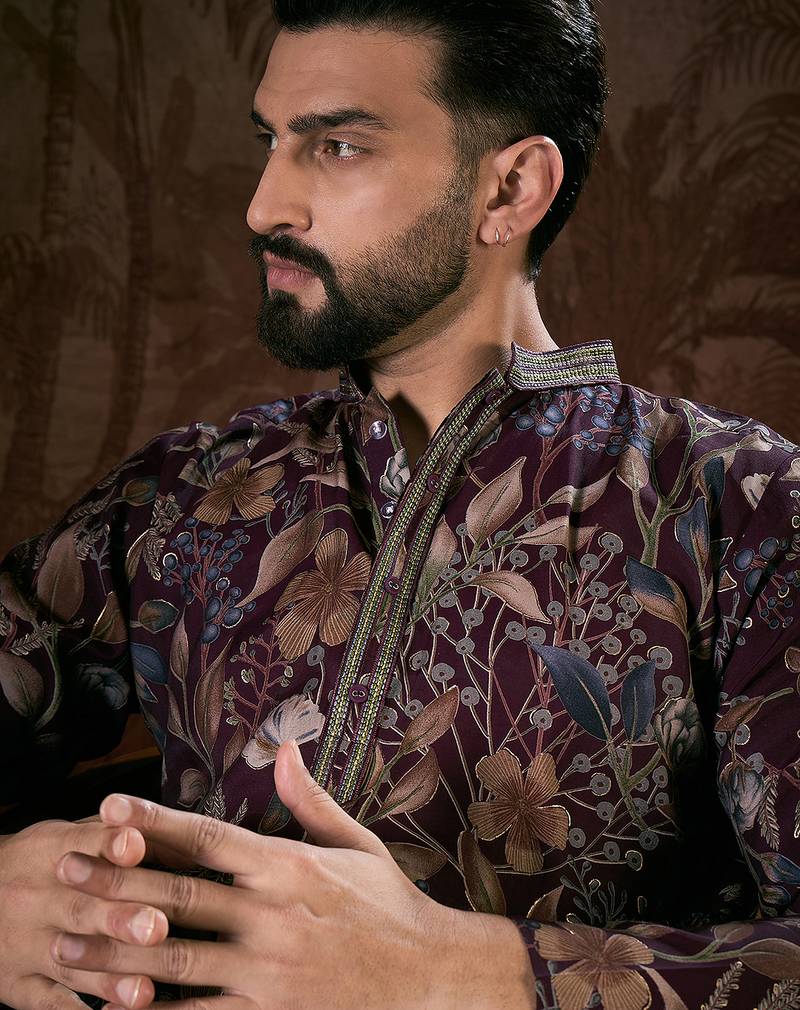 Men purple silk blend floral printed straight kurta with trouser