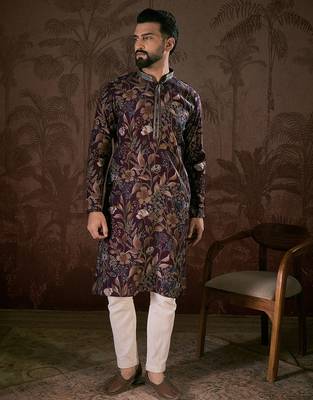 Men purple silk blend floral printed straight kurta with trouser 2