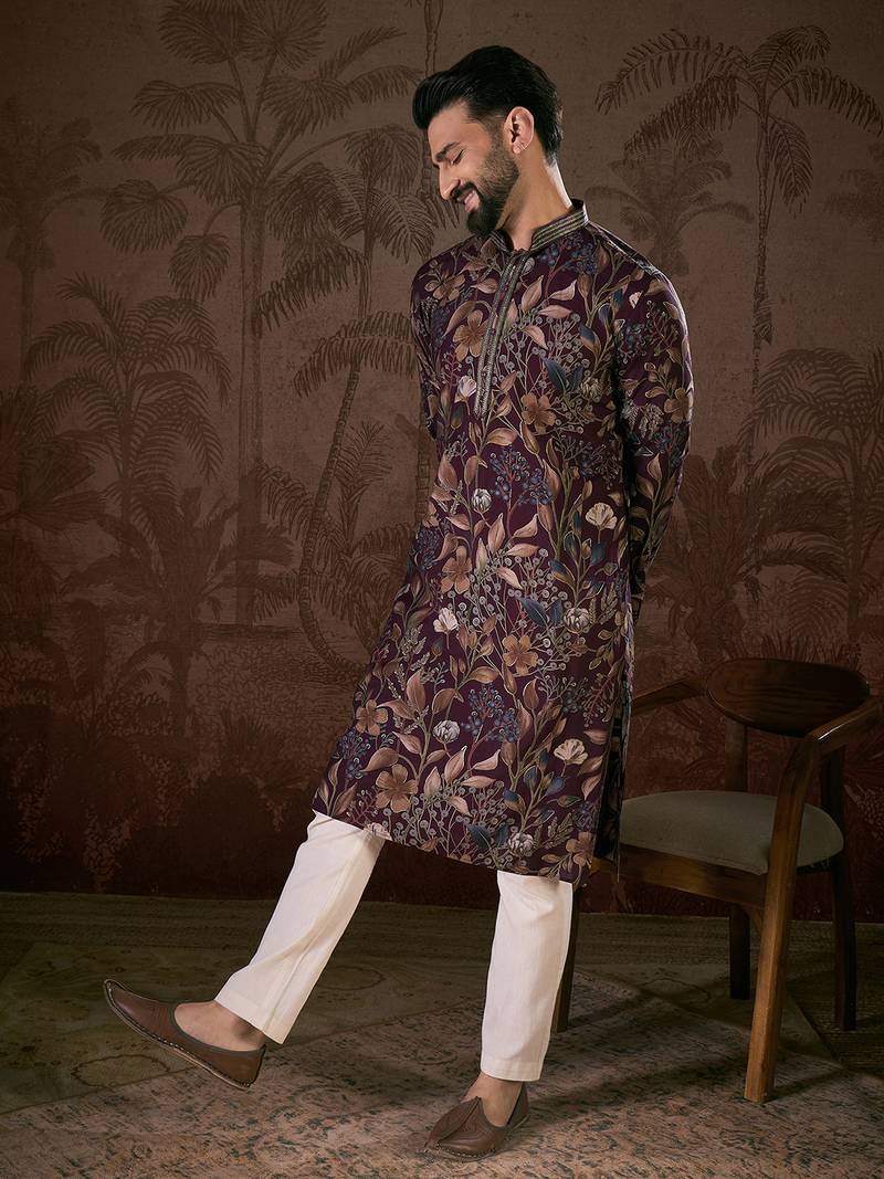 Men purple silk blend floral printed straight kurta with trouser