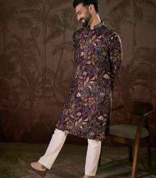 Men purple silk blend floral printed straight kurta with trouser