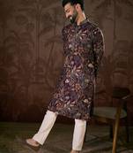 Men purple silk blend floral printed straight kurta with trouser
