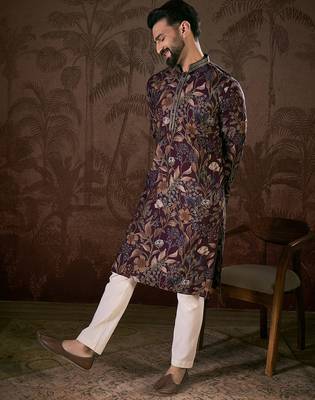 Men purple silk blend floral printed straight kurta with trouser 3