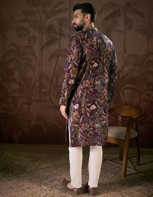 Men purple silk blend floral printed straight kurta with trouser 4