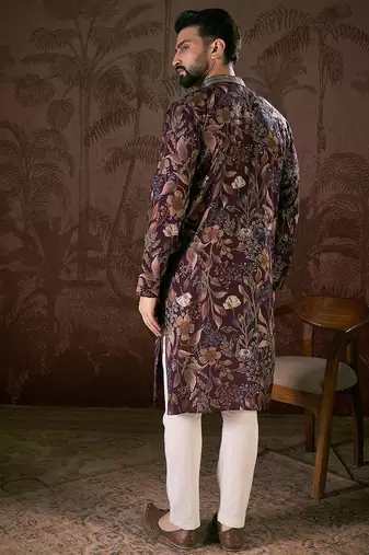 Men purple silk blend floral printed straight kurta with trouser