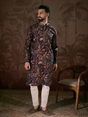 Men purple silk blend floral printed straight kurta with trouser 5