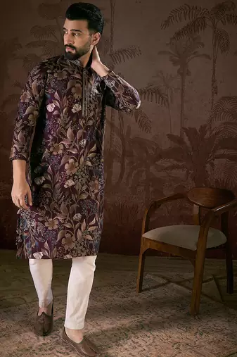 Men purple silk blend floral printed straight kurta with trouser