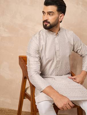 Men grey silk geometric printed straight kurta 1