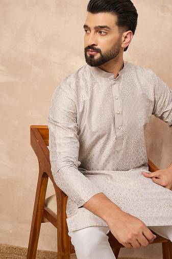Men grey silk geometric printed straight kurta