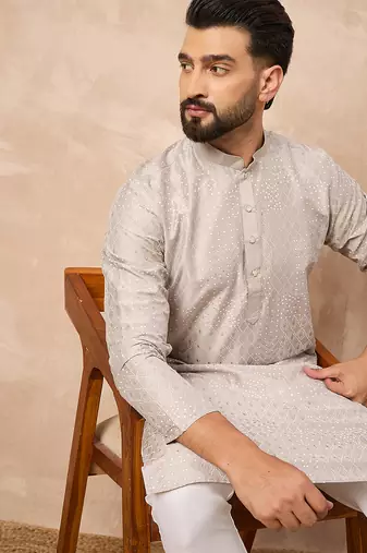 Men grey silk geometric printed straight kurta