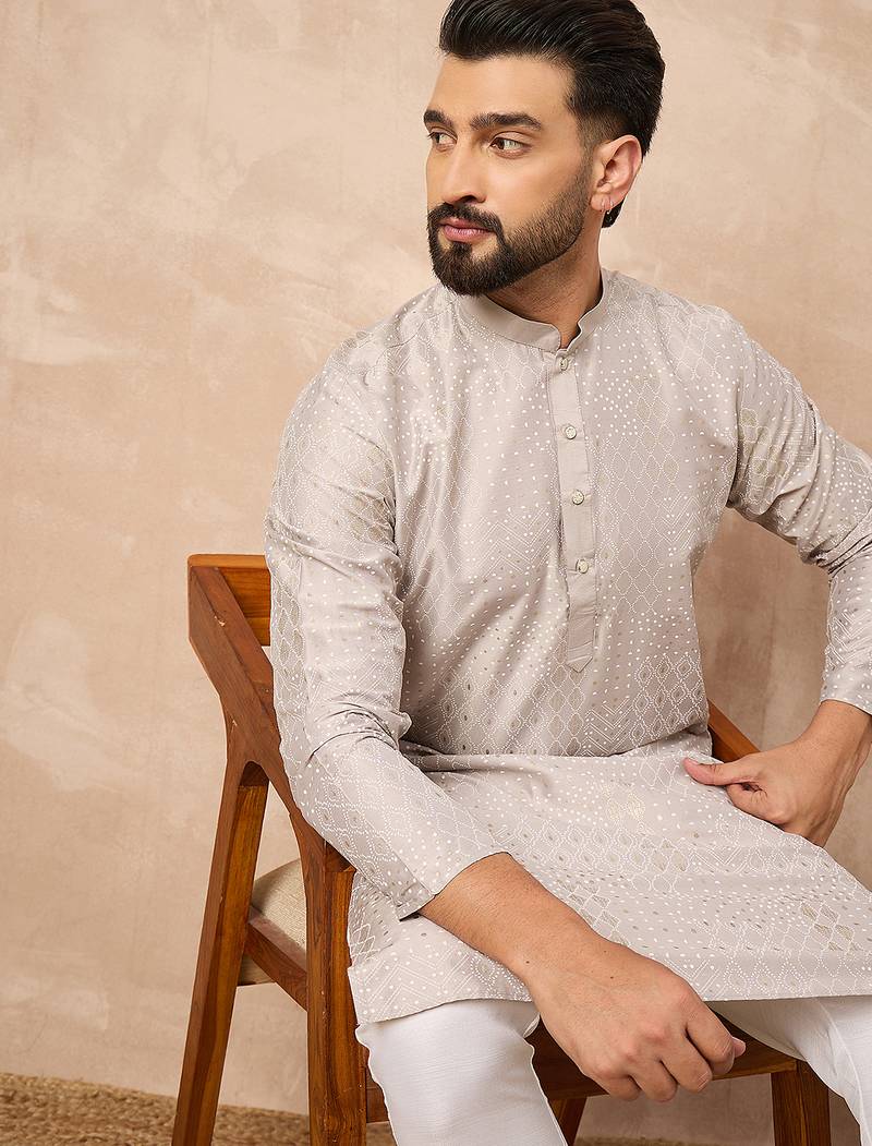 Men grey silk geometric printed straight kurta
