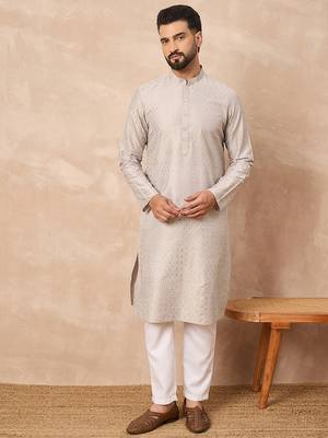 Men grey silk geometric printed straight kurta 2