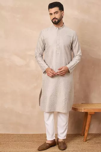 Men grey silk geometric printed straight kurta