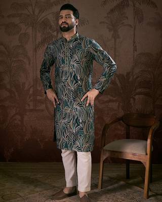 Men navy blue silk blend abstract printed straight kurta with trouser 2