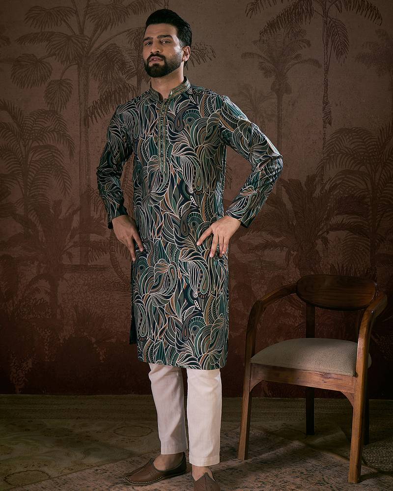 Men navy blue silk blend abstract printed straight kurta with trouser