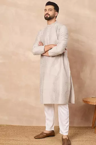 Men grey silk geometric printed straight kurta